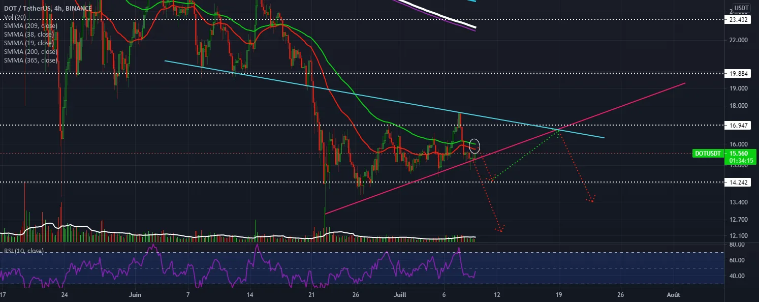 DOT / USDT the uptrend line will be broken ! ! 240 pour BINANCE:DOTUSDT par stephanelibatd