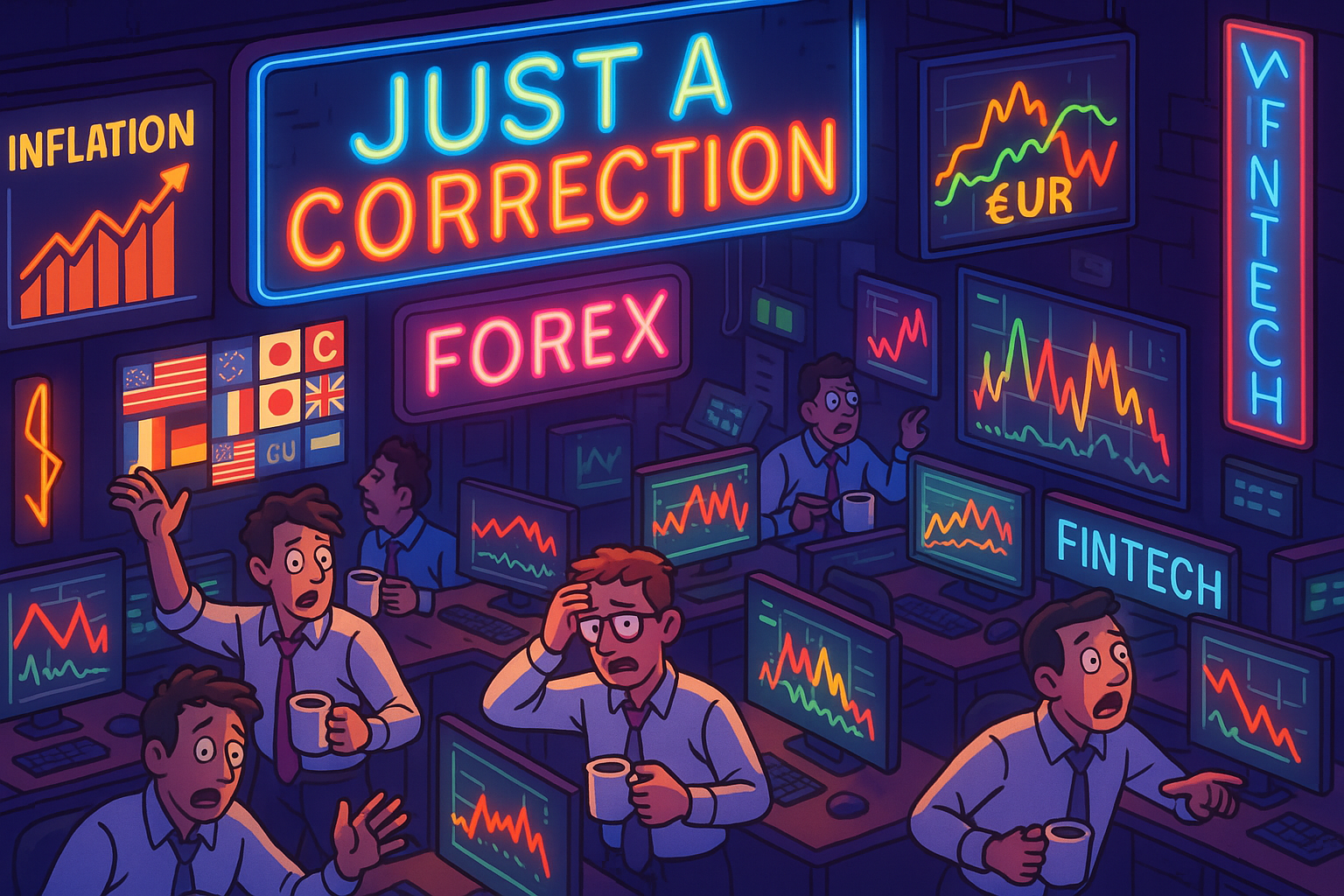 Isometric trading floor with erratic euro-dollar charts and traders.