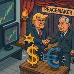 Euro et dollar illustrés dansant avec graphiques économiques animés.
