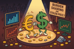 Euro et dollar illustrés dansant avec graphiques économiques animés.
