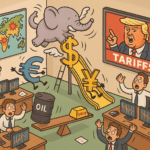 Illustration isométrique représentant les marchés Forex instables avec des signes politiques et économiques.