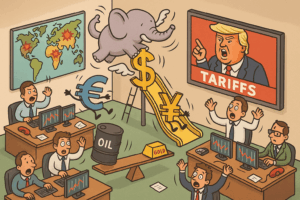 Illustration humoristique du chaos des devises avec Trump et fluctuations économiques.