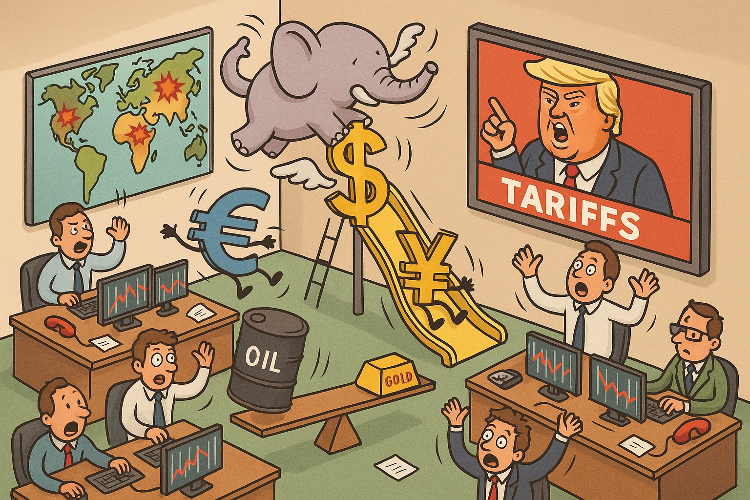 Illustration humoristique du chaos des devises avec Trump et fluctuations économiques.