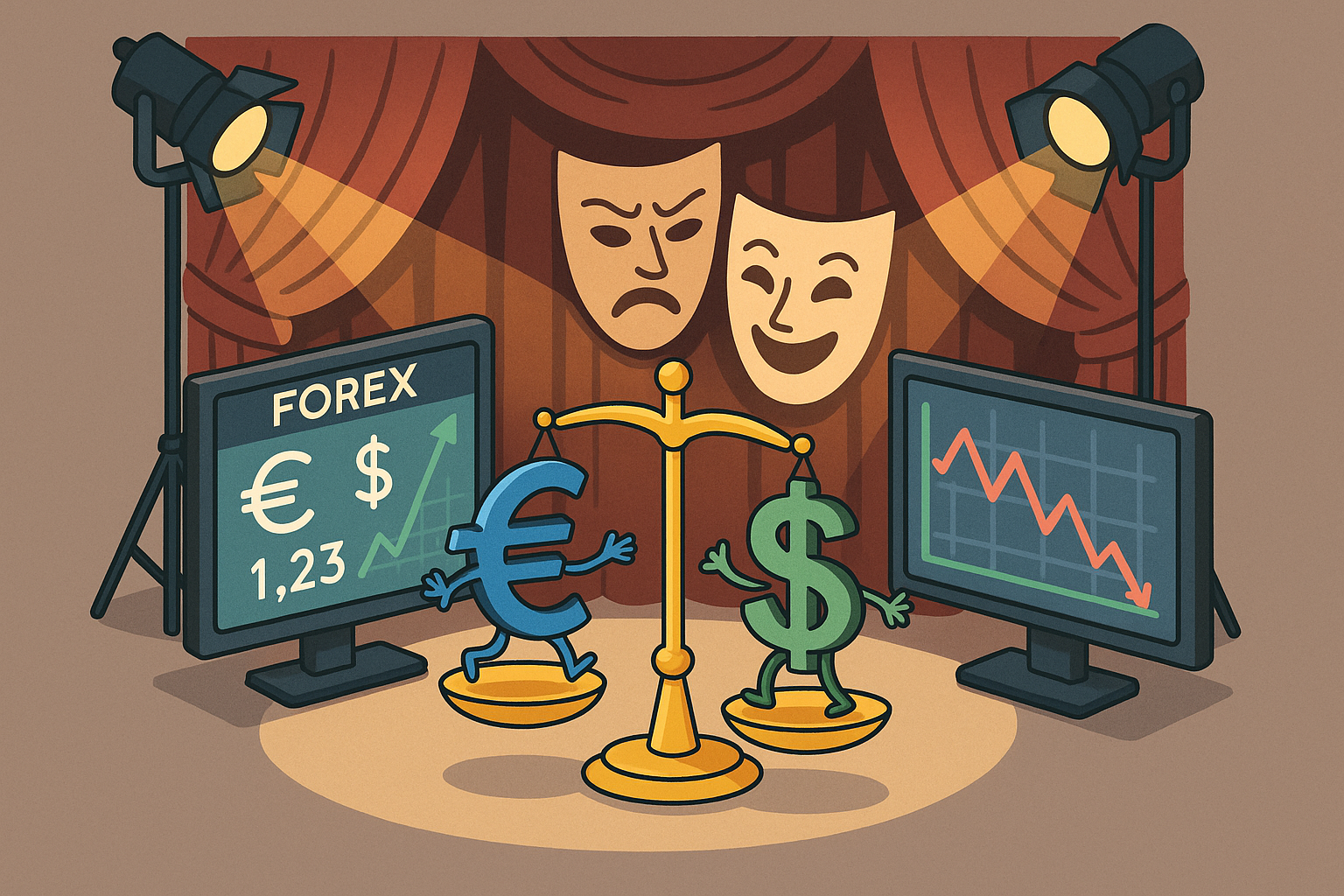 Illustration of euro and dollar balancing in theatrical forex market scene.